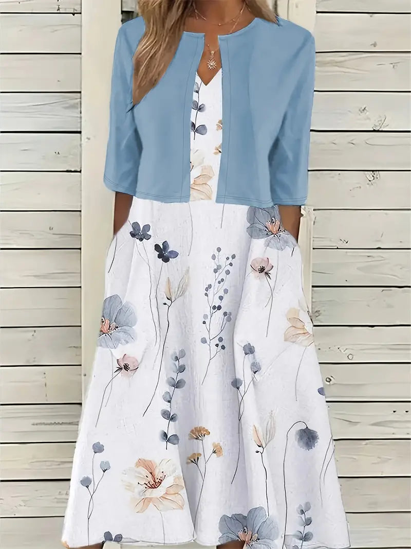 Stylish Floral Two-Piece Dress Set with Solid Crop Top and Round Neckline