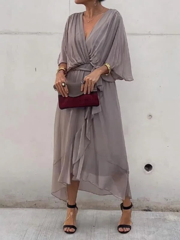 Women's Green V-Neck Chiffon Dress for Summer