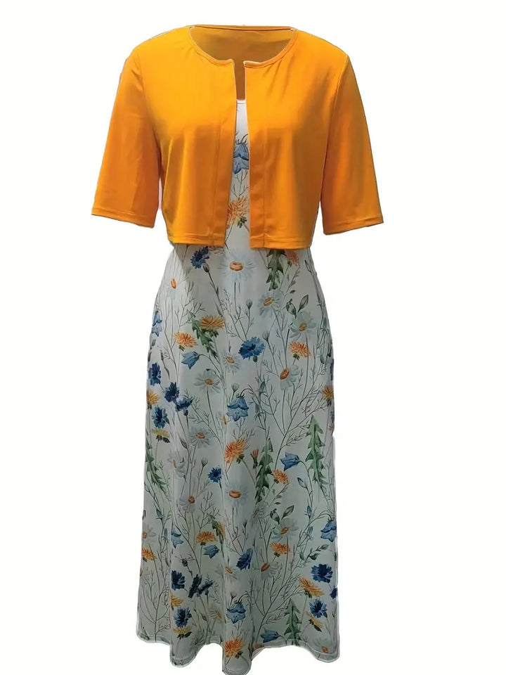 Stylish Floral Two-Piece Dress Set with Solid Crop Top and Round Neckline