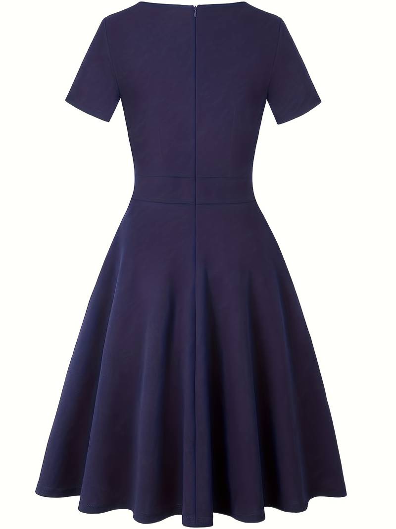 Elegant Blue Dress with Lace Details and Tailored Waist