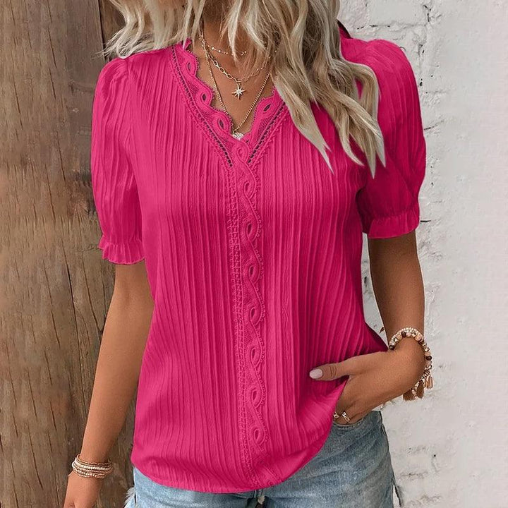 Elegant V-Neck Top with Subtle Lace Accents