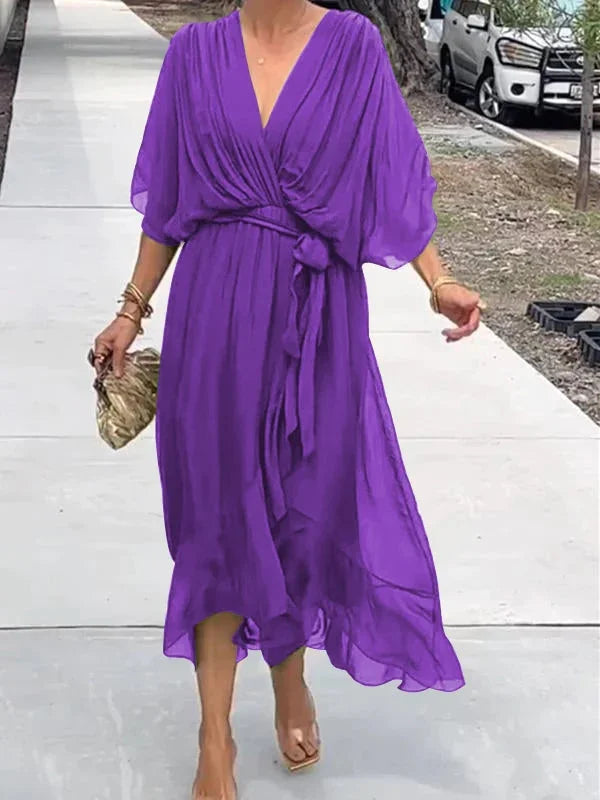 Women's Green V-Neck Chiffon Dress for Summer
