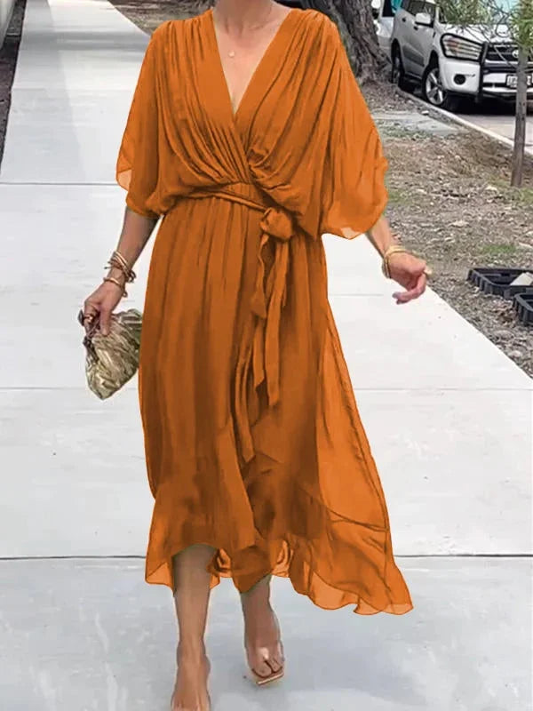 Women's Green V-Neck Chiffon Dress for Summer