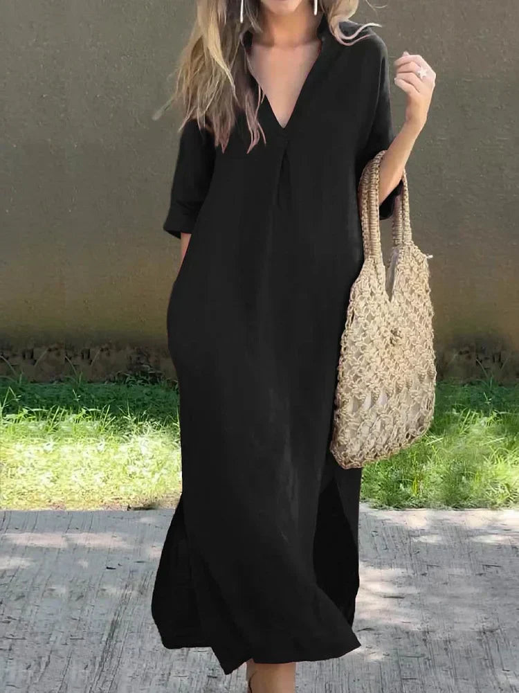 V-Neck Solid Dress for Women with Convenient Pockets