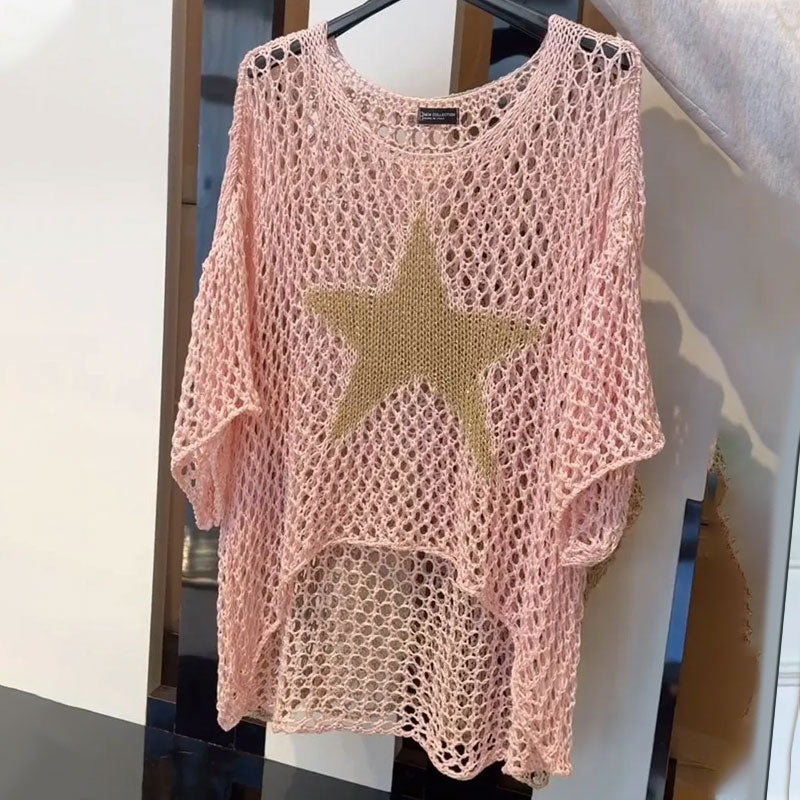 Round Neck Women's Crochet Knit Mesh Blouse